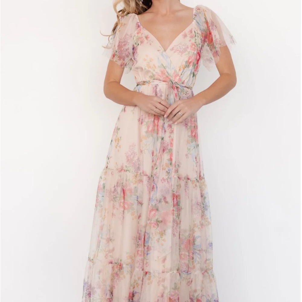 Baltic Born Nicola Tulle Pink  Ruched Tiered Maxi Dress